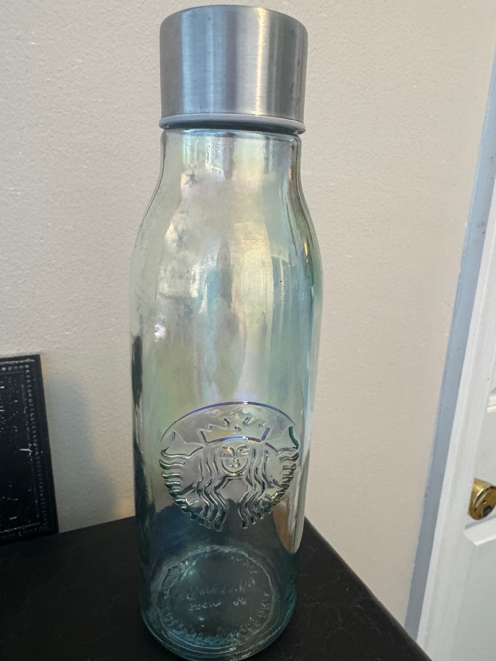 Starbucks Iridescent Glass Bottle with Silver Cap - Green/Blue Hues
